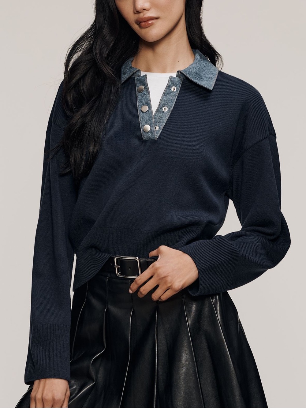 NWT Anthropologie Maeve Polo Denim Tee Twofer Navy Sweater